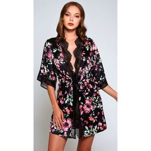 I COLLECTION Intimates Black Mid-Length Kimono Floral Romantic Robe Plus 2X